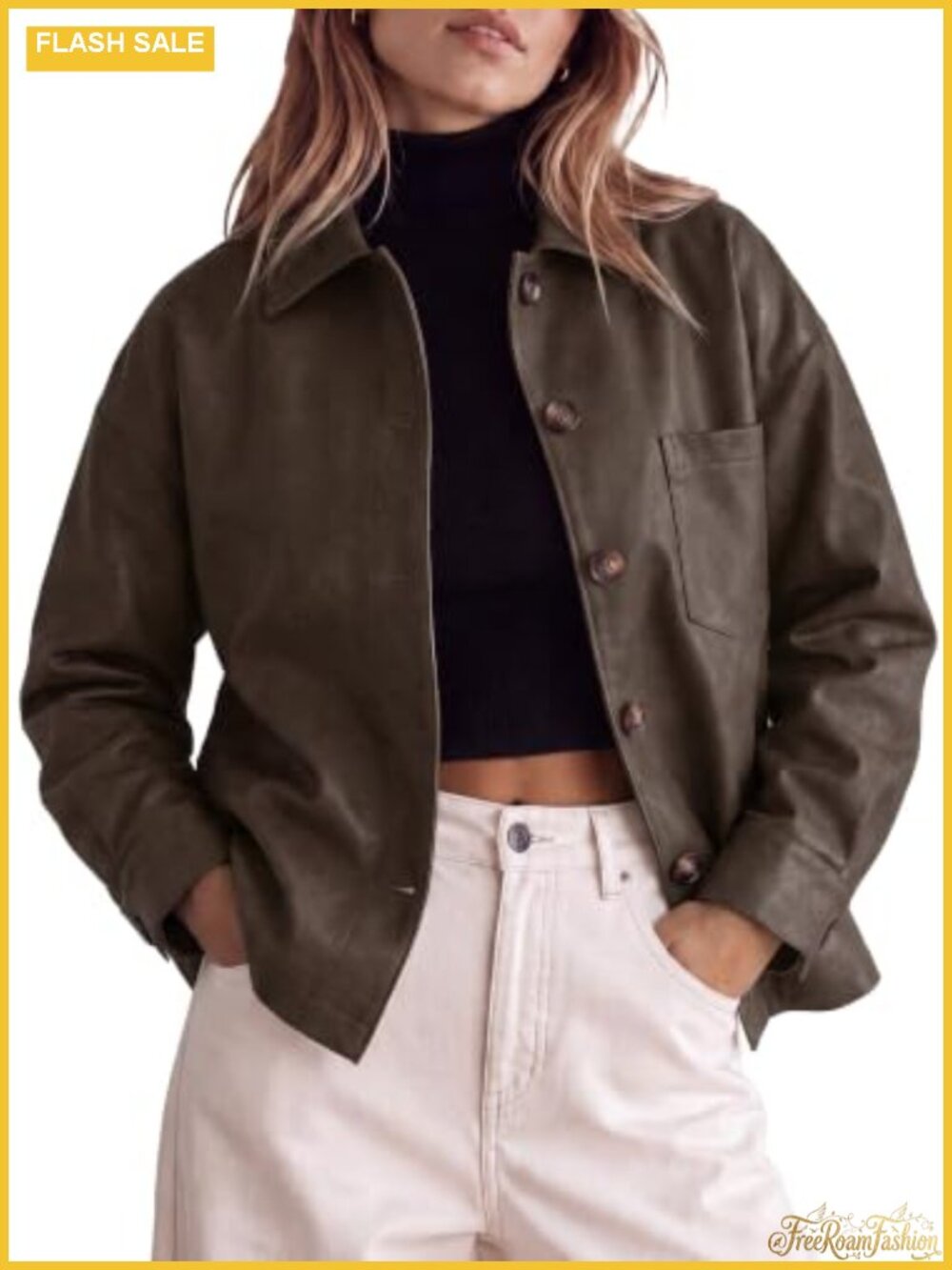 Womens Collared Button Down Faux Leather Jacket Oversized Motorcycle